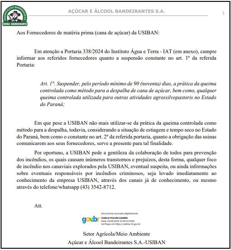 Comunicao aos Fornecedores de Cana da Usiban - Portaria do IAT